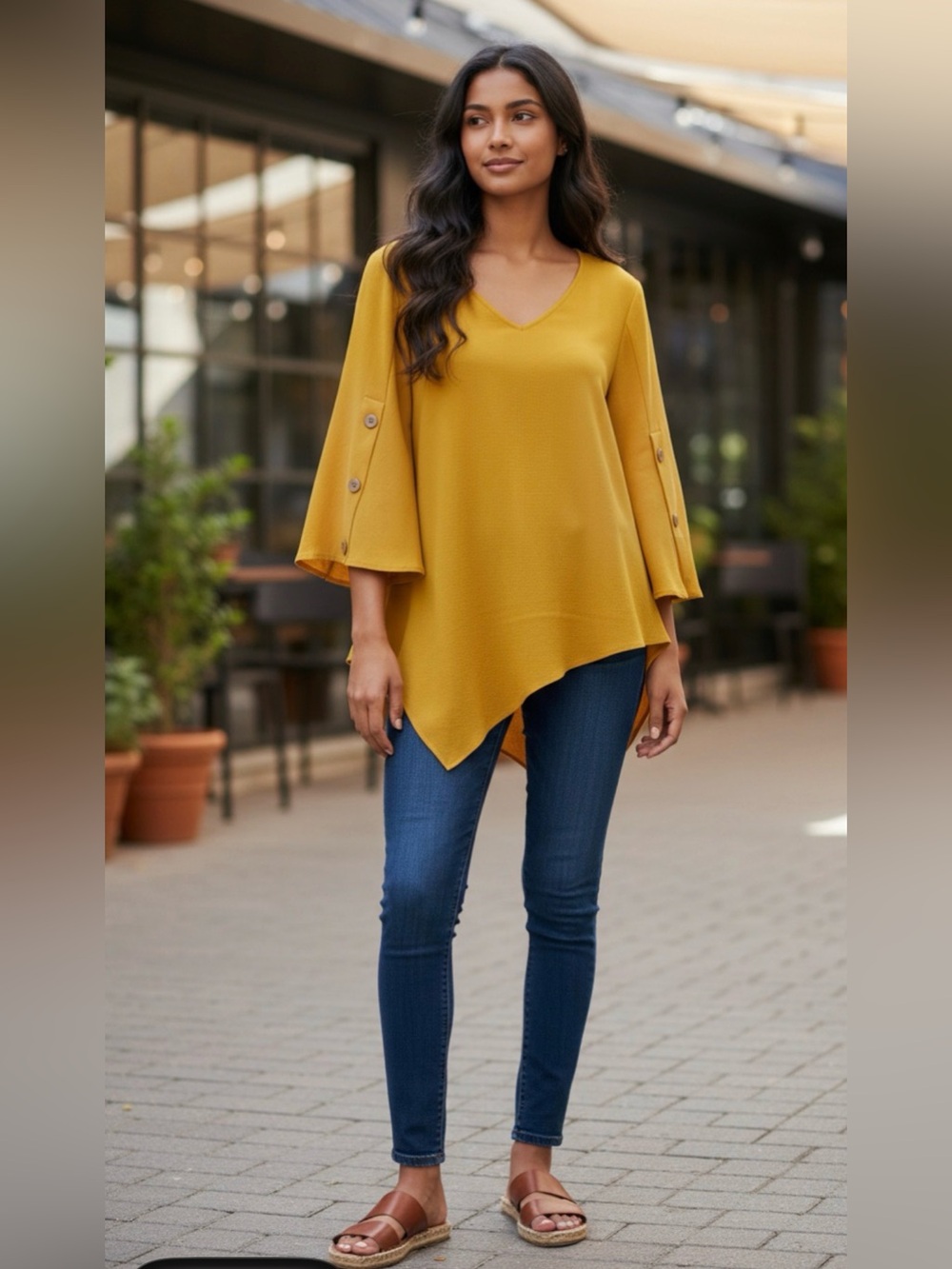 Women’s Medium Yellow V Neck Asymmetrical Hem Blouse Buttons Crepe Lagenlook